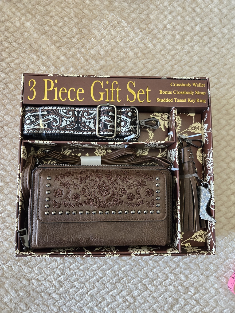 Western Tooled Wallet Gift Set Brown Boho Crossbody Strap Tassel Keychain